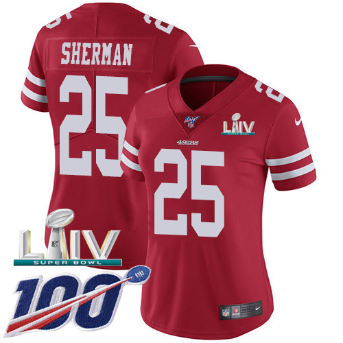San Francisco 49ers Nike #25 Richard Sherman Red Super Bowl LIV 2020 Team Color Women Stitched NFL 100th Season Vapor Limited Jersey->women nfl jersey->Women Jersey